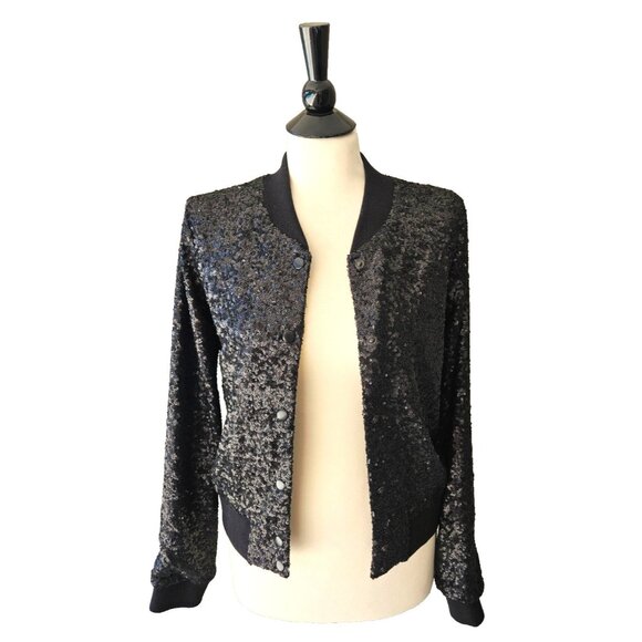 BAILEY-44 Black Sequin Bomber Jacket Snap Front Size S - Picture 2 of 6